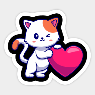 Cute Cat With Love Heart Cartoon Sticker